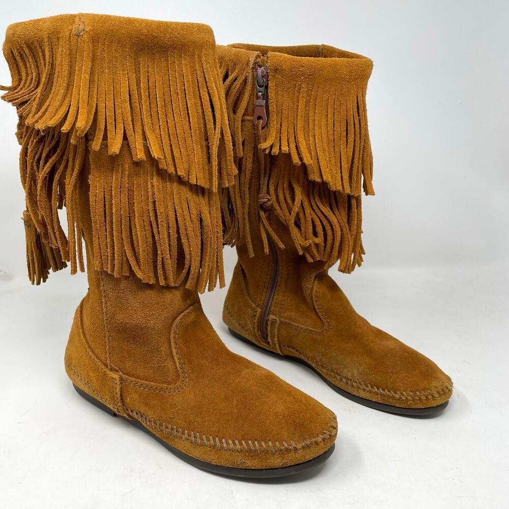 Minnetonka Moccasins Two Layer Fringe Back Zip Mid Calf Brown Suede Boots 7